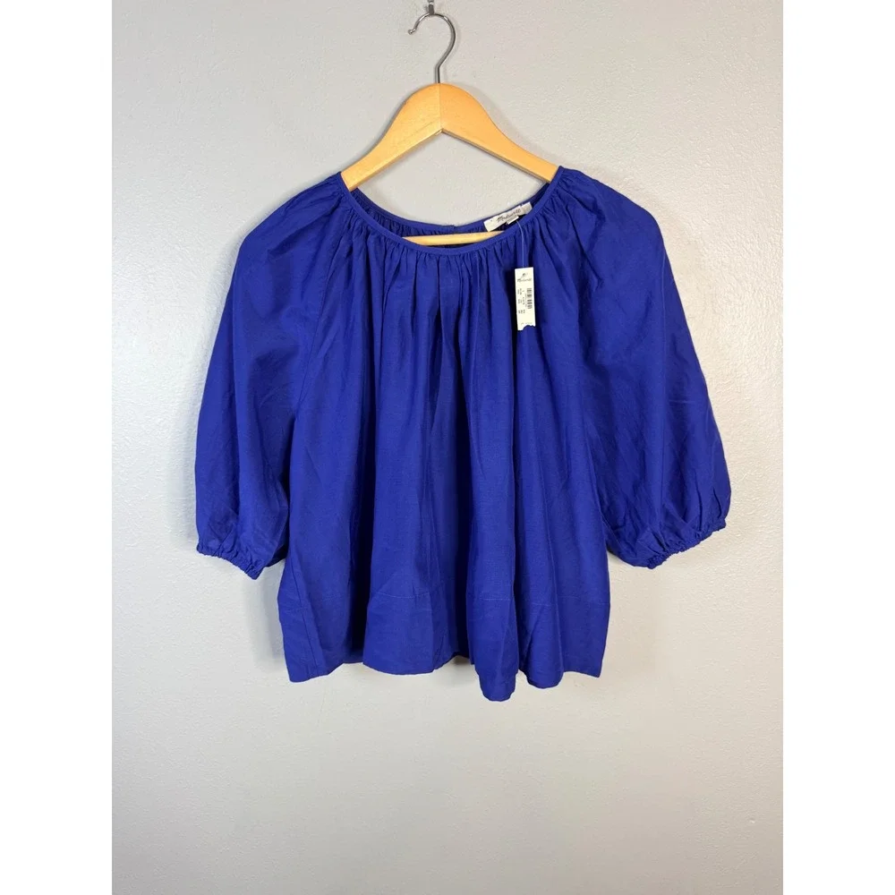 Madewell‎ Shirred Puff-Sleeve Top in Cotton-Silk Voile Bright Sapphire Small NWT